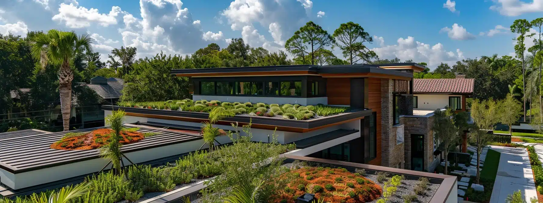 a photo of a modern, eco-friendly stone coated steel roof blending seamlessly with the lush green landscape of a sustainable neighborhood in florida.
