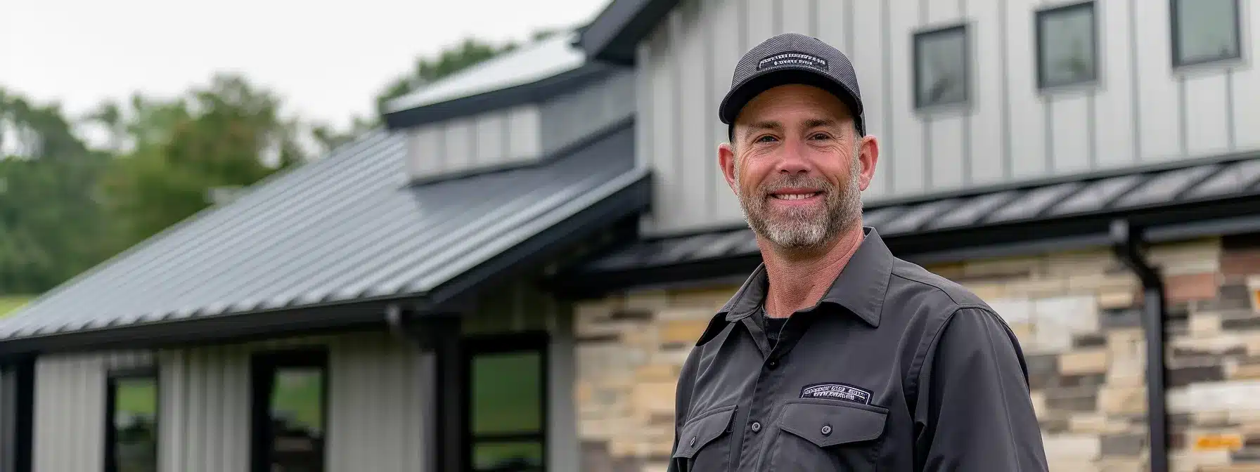 a professional metal roofing contractor confidently presents proof of insurance and licensing while standing next to a sleek, modern metal roof sample.