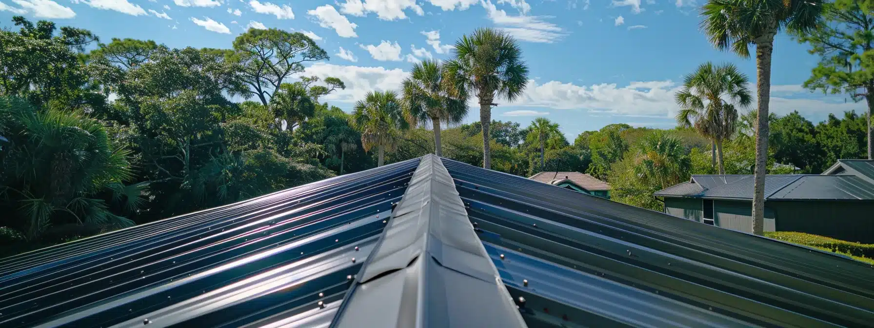 a skilled roofer applying protective coating to a shiny metal roof under the florida sun.