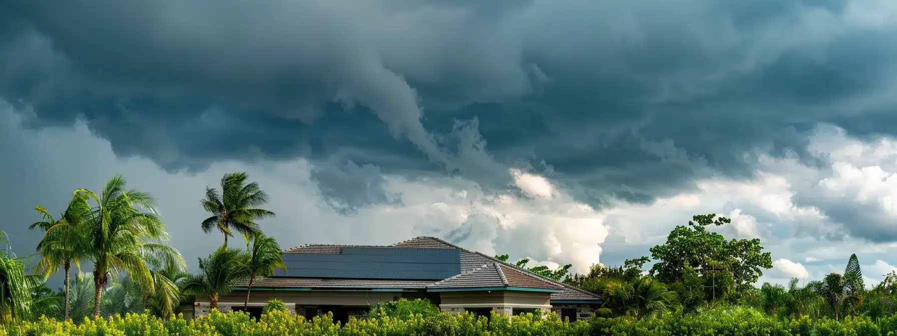 a metal roof being installed on a sturdy florida home, surrounded by storm clouds and lush greenery.