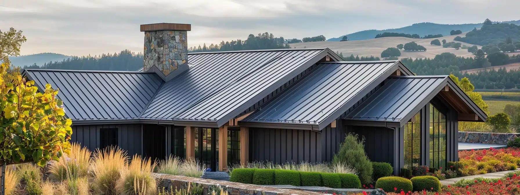 a sleek and durable standing seam metal roof contrasting with corrugated metal panels and metal slate/shake replicas.
