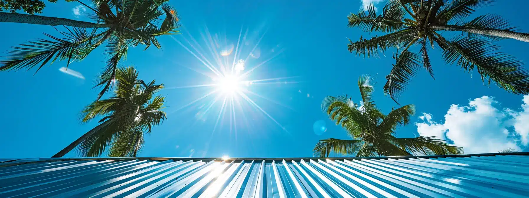 a resilient metal roof shining under the intense florida sun, with palm trees swaying in the background against a bright blue sky.