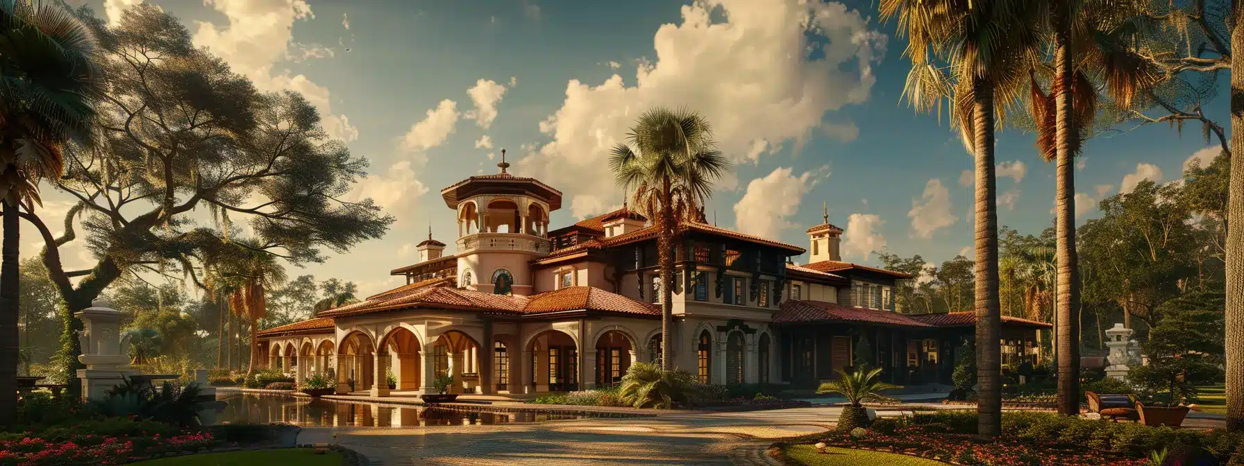 a striking photo of a luxurious home standing out in florida's landscape, showcasing a gleaming copper roof with a beautiful natural patina.