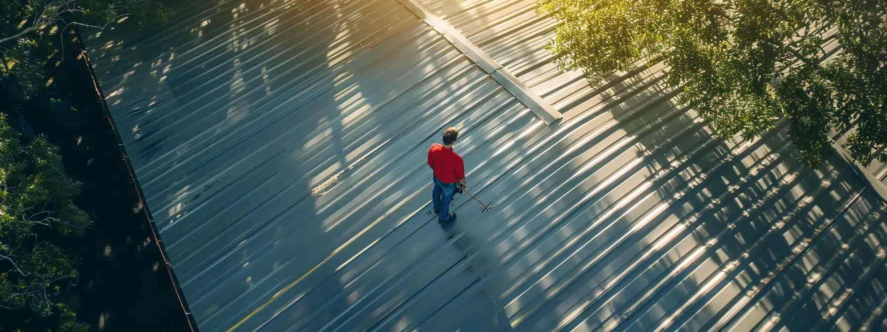a skilled contractor inspects a newly installed metal roof under the bright florida sun.