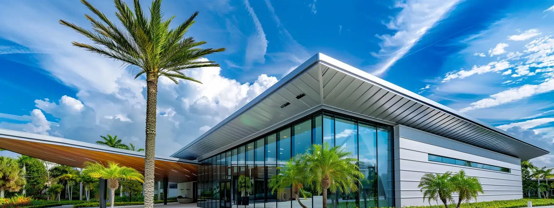 a sleek, modern aluminum roof gleams under the bright florida sun, showcasing a range of vibrant color options.
