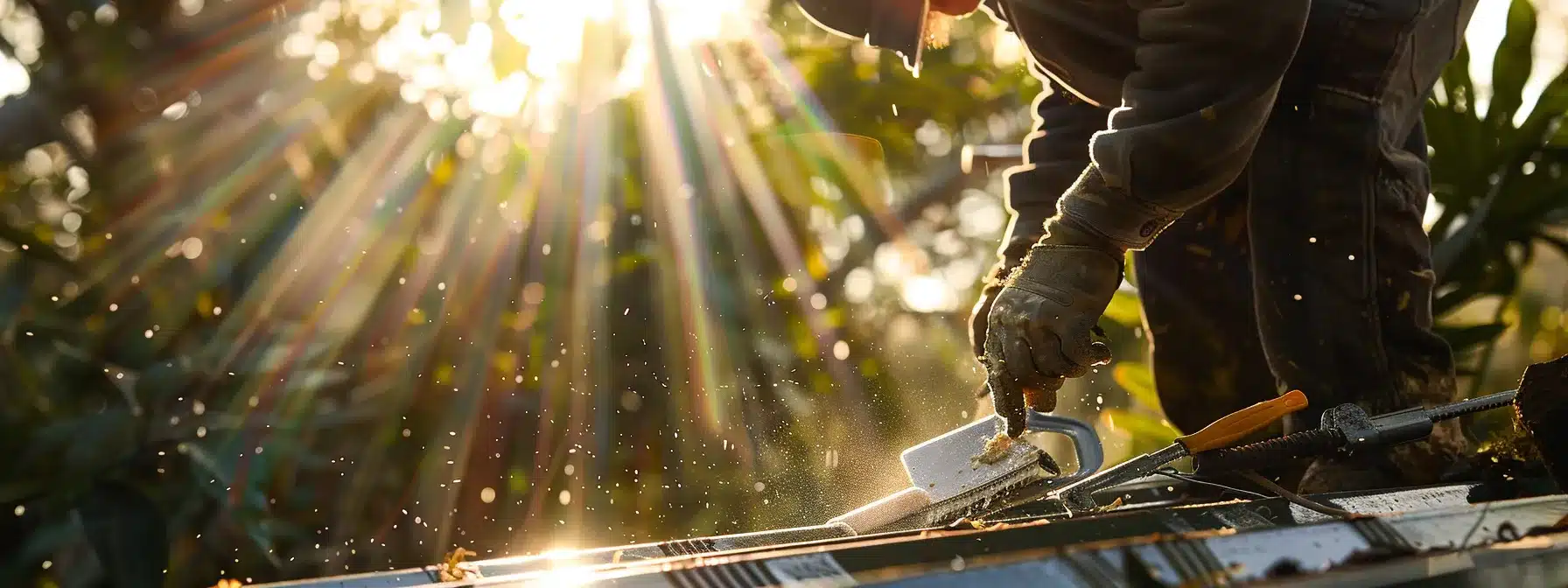 a person carefully applying sealant to a gleaming metal roof under the bright florida sun, surrounded by all the necessary tools and materials.