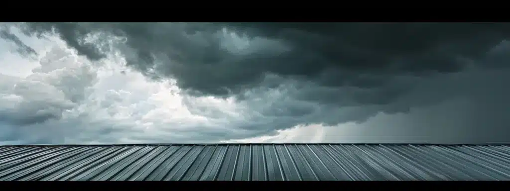 a sleek, silver metal roof gleams under the bright florida sun, contrasting against a stormy sky in the background.