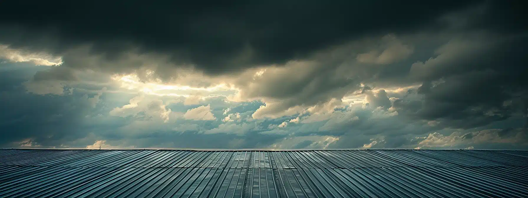 a sleek, durable metal roof shining under the florida sun, standing strong against the backdrop of stormy clouds, showcasing the benefits of meeting state standards.