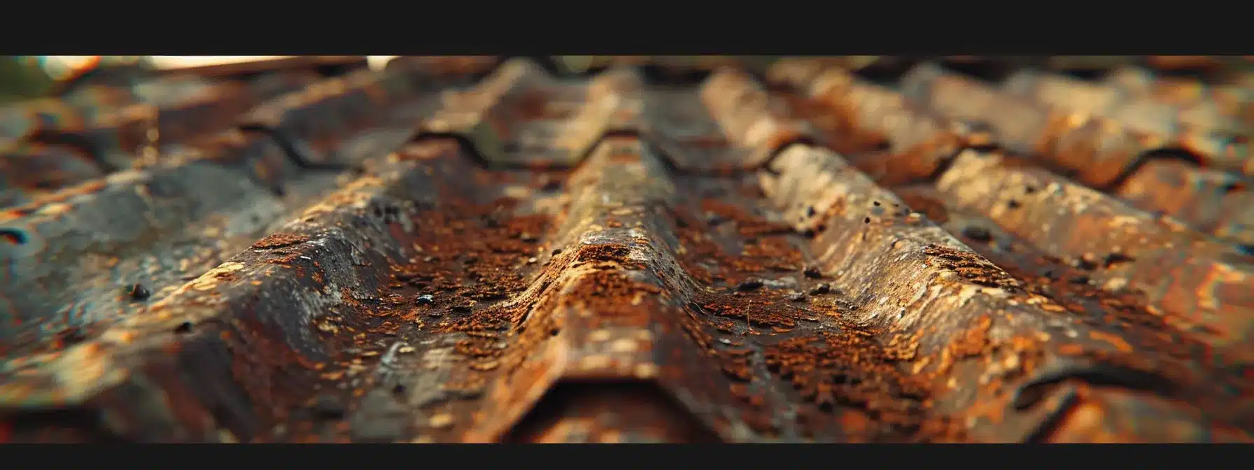 a close-up photo of a rusty metal roof panel with visible signs of corrosion and damage.