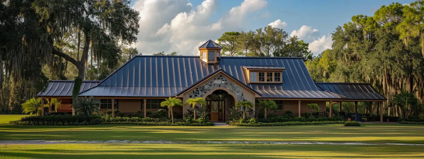 a sturdy metal roof in florida withstanding high winds, fire hazards, and environmental loads, showcasing durability, safety, and resilience.