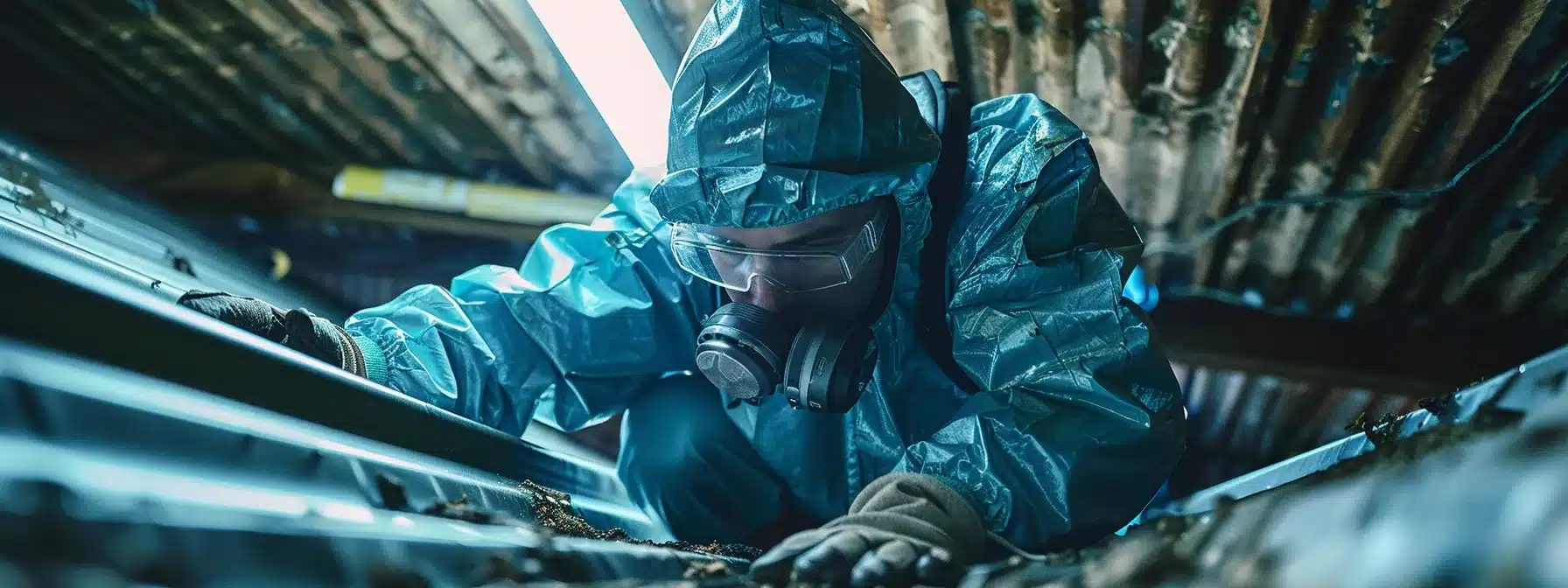 a homeowner in protective gear examines a metal roof leak closely, surrounded by screws and sealants, preparing to make necessary repairs.