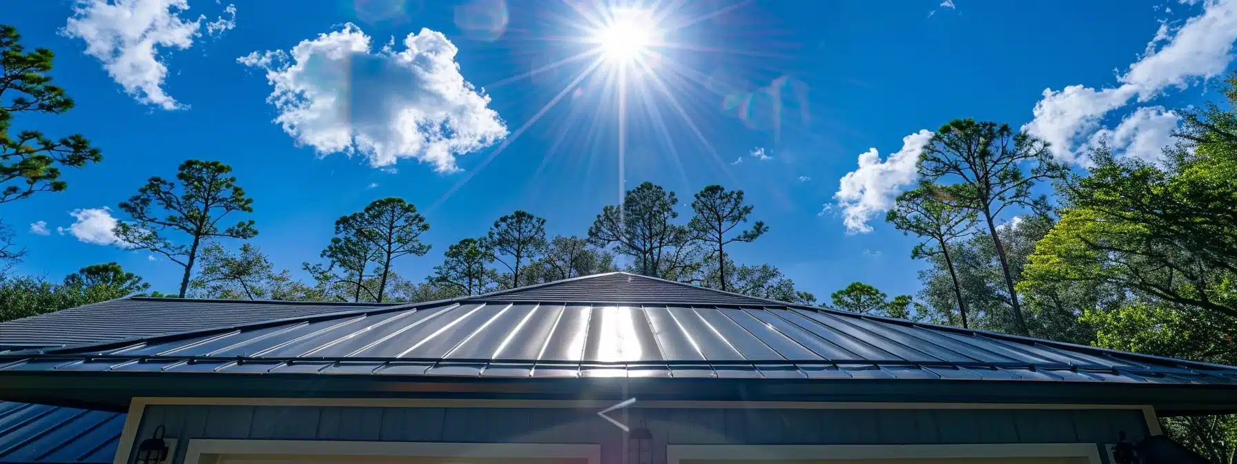 a panoramic view of a newly installed stone coated steel roof under the florida sun, showcasing its durability and practicality for homeowners.