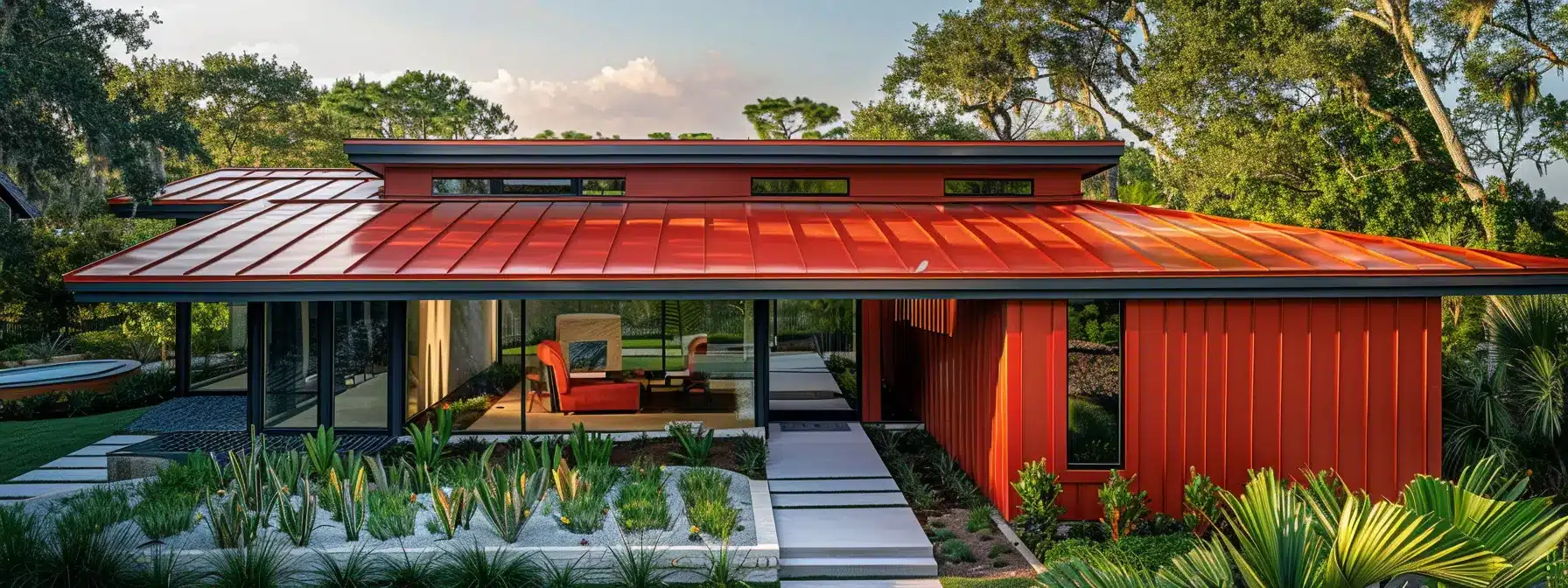 a sleek metal roof in vibrant red color, adorned with solar panels, perfectly blending into a modern home in sunny florida.