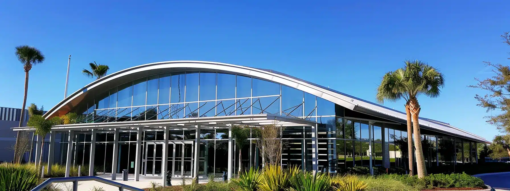 a sleek and modern aluminum roof shines under the florida sun, standing strong against the elements with a backdrop of a clear blue sky.