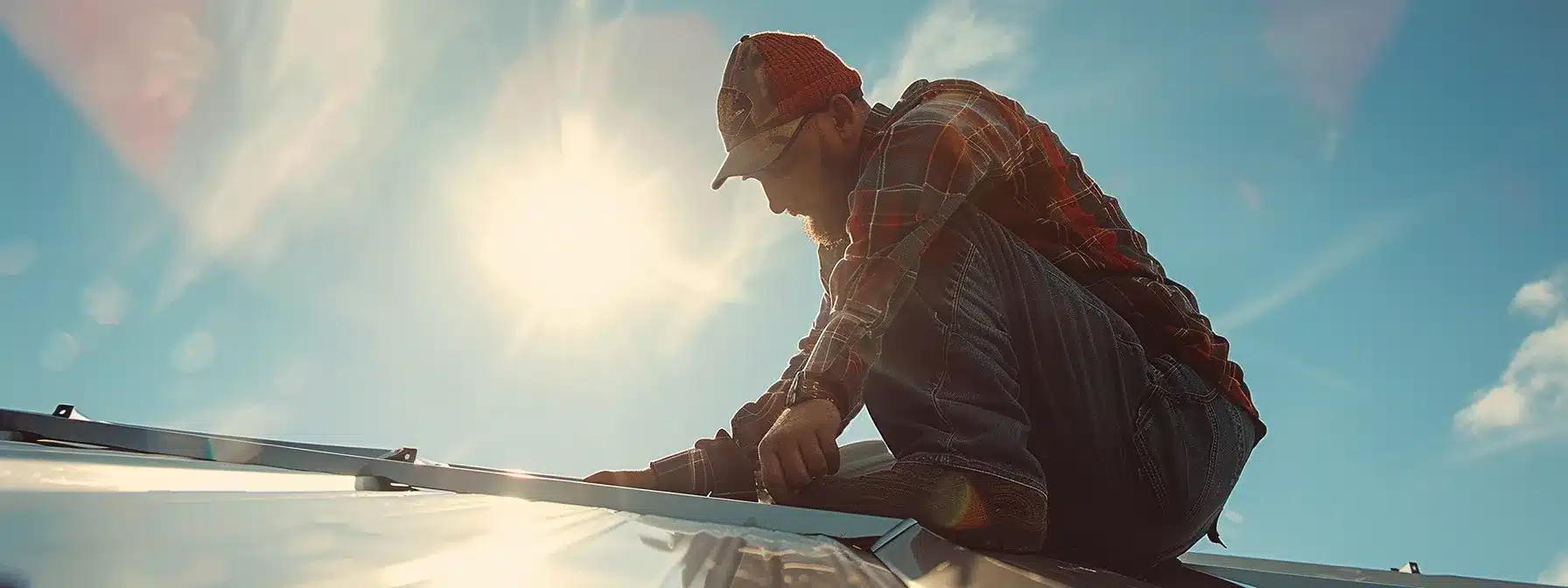 a skilled worker carefully aligns metal panels under the bright florida sun, ensuring precise overlaps for a secure and durable roofing installation.