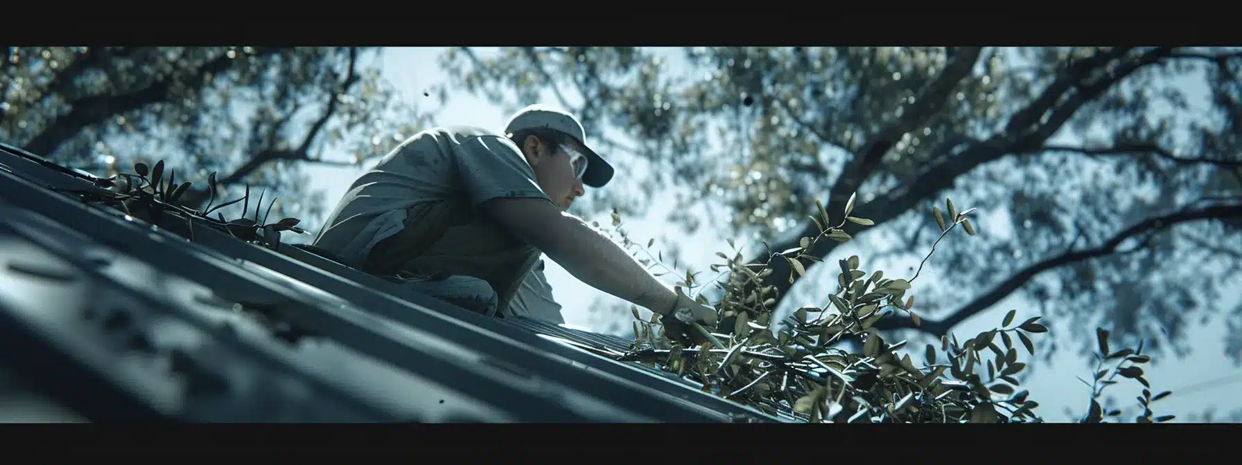 a tree trimmer carefully removing branches near a metal roof to protect it from hail damage and maintain its durability.
