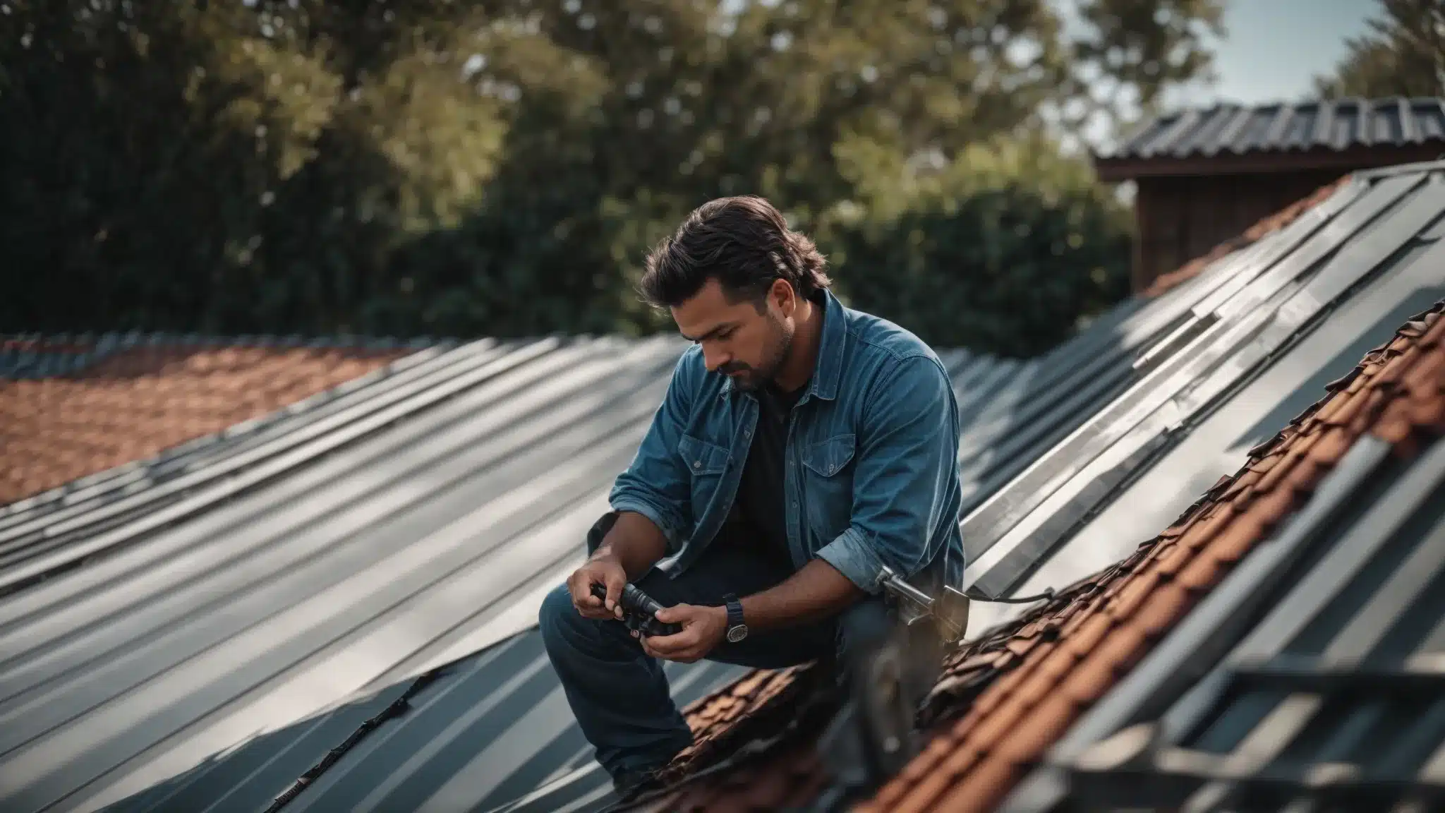 a skilled metal roofing contractor in florida carefully inspecting the roof with a confident and knowledgeable demeanor, surrounded by tools and equipment.