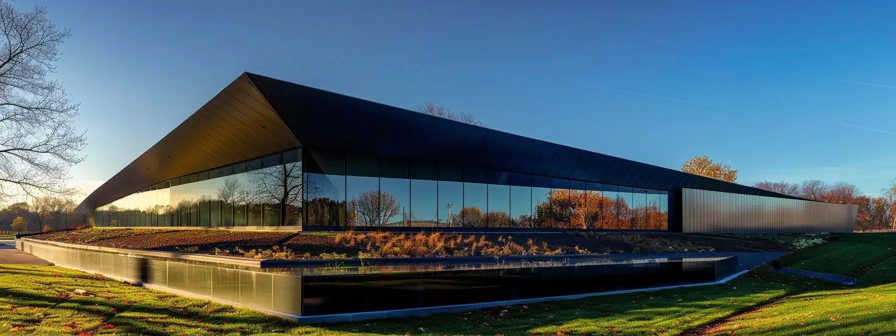 a sleek, modern standing seam metal roof shines under a clear blue sky, reflecting the surrounding landscape in its smooth, linear panels.