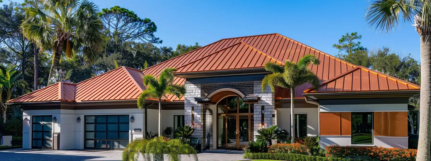 a stunning photo of a sleek, copper metal roof reflecting the bright florida sunshine, highlighting its durability and energy-efficient features for coastal homes.