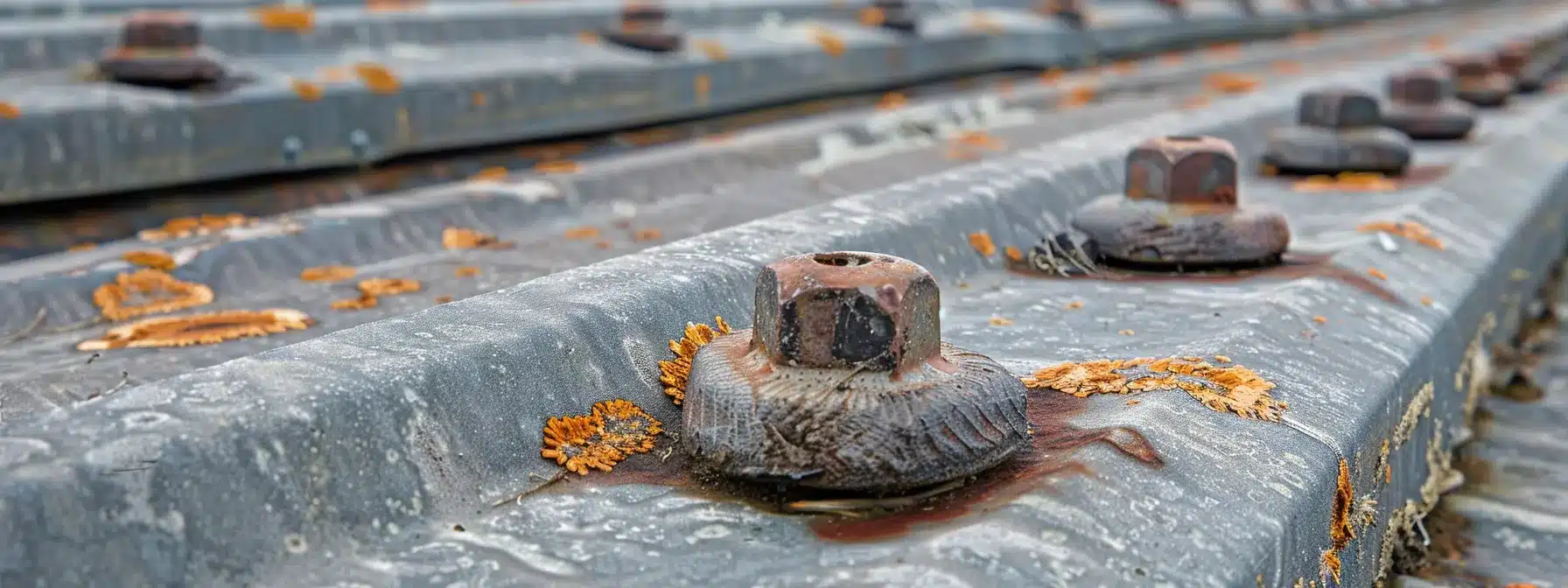a close-up photo showing rusty and corroded fasteners on a metal roof in florida, highlighting the key factors contributing to leaks.