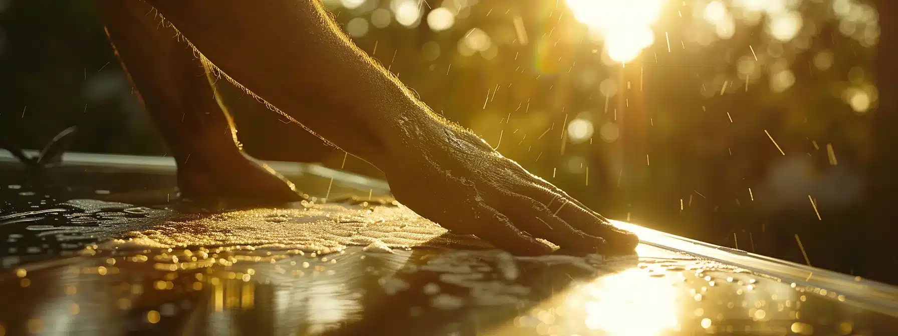 a person on a rooftop in florida, using a wire brush to clean the metal surface under the bright sun of summer.