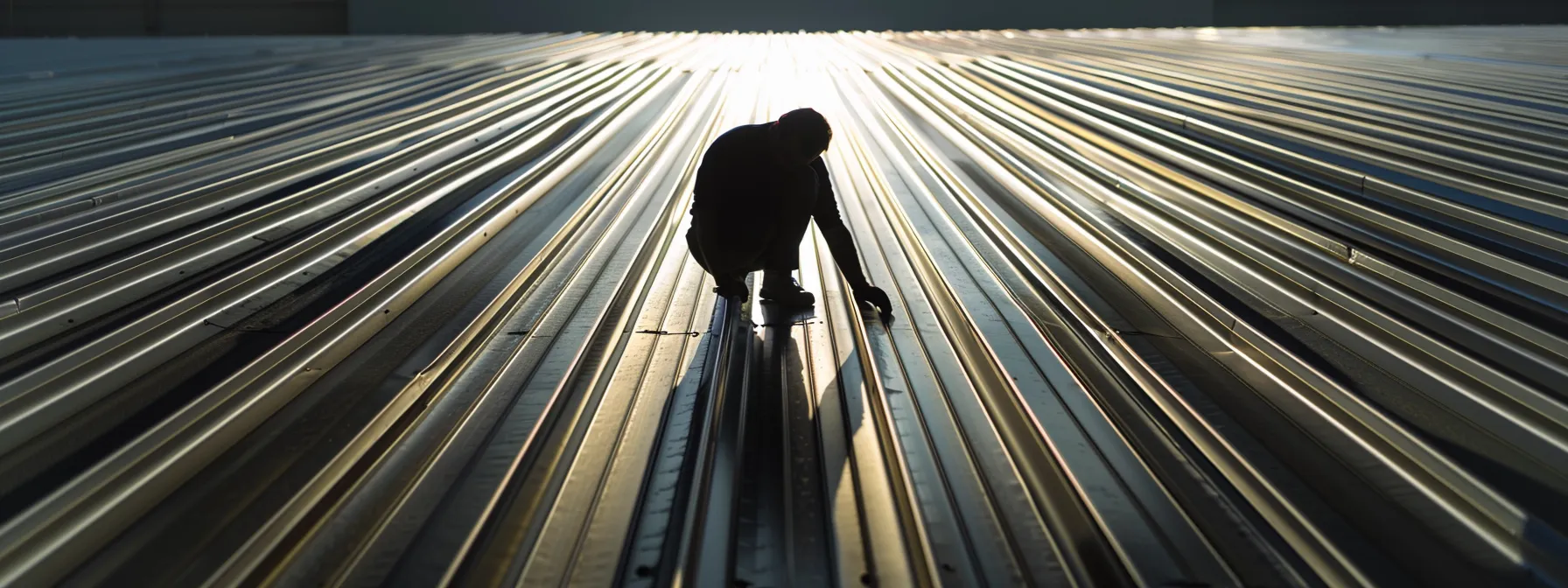 a worker carefully inspecting a pristine metal roof for any signs of damage before applying sealant, ensuring a sturdy foundation for protection.