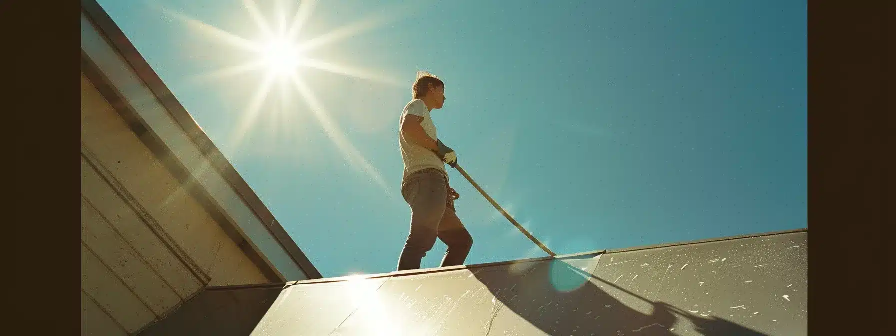 a person diligently cleaning a gleaming metal roof under the bright florida sun.